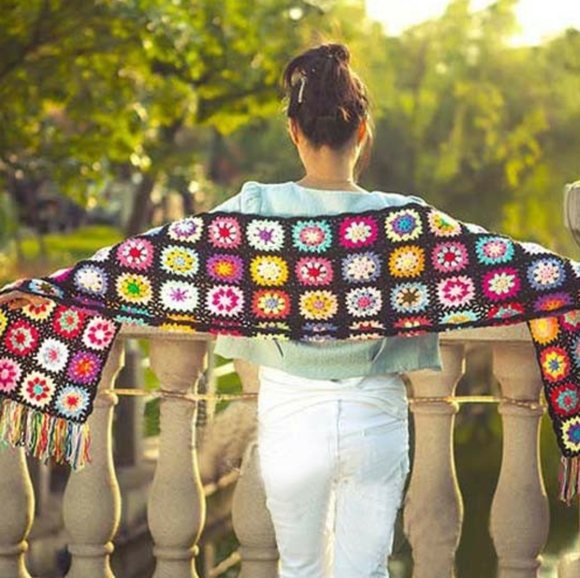 Black & Multicolor Granny Square Crochet Scarf - Picture 11 of 13